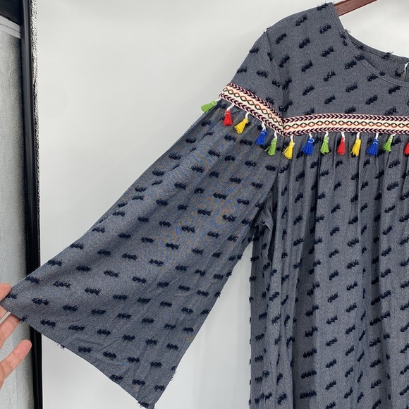 Luukse Top Blouse Womens Size XL Blue Yellow Pompom Tassel Boho Embroidered - Picture 4 of 13